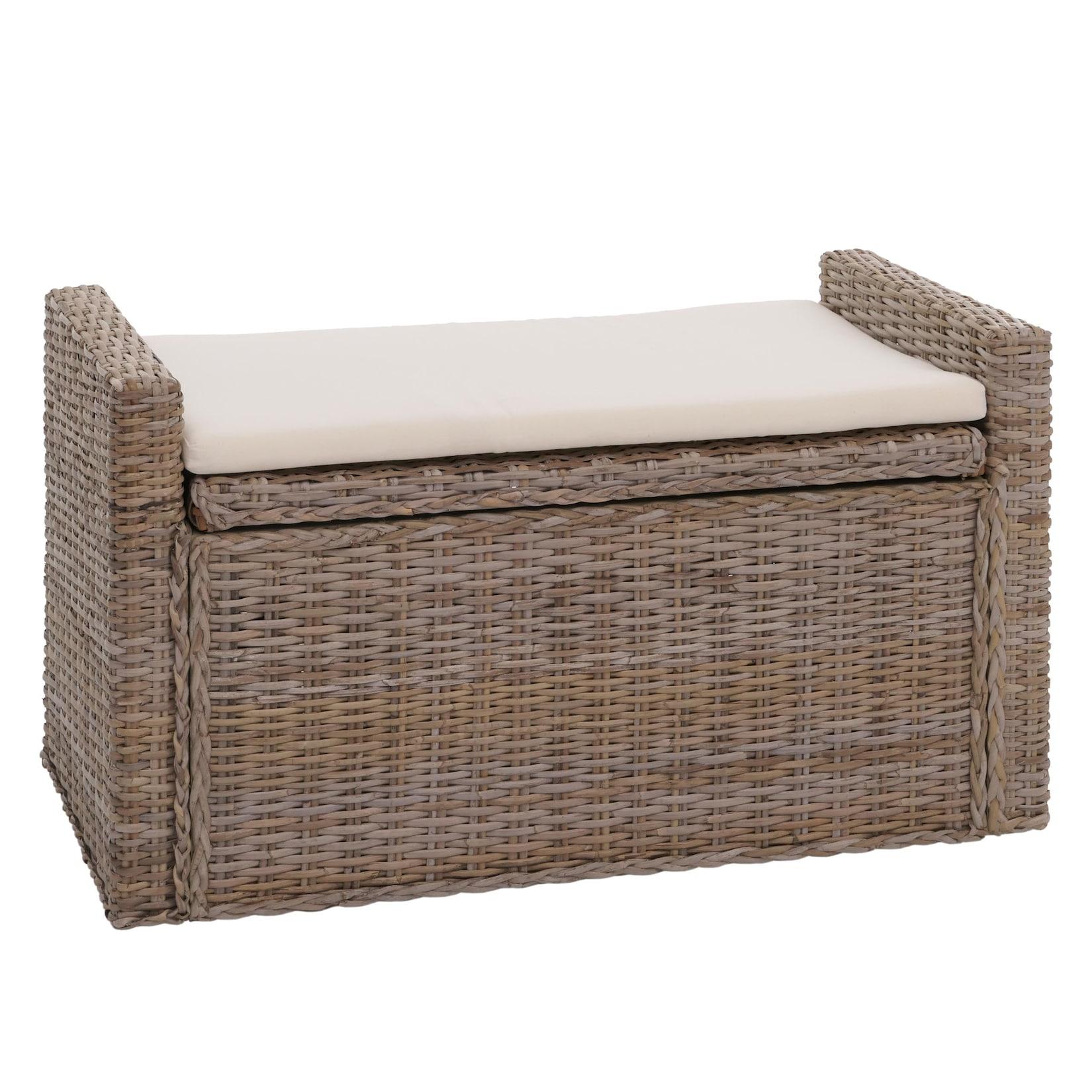 Aufbewahrungstruhe Genua, Truhe Sitzbank Garderobenbank, Kissen Kubu Rattan 88cm ~ grau-braun