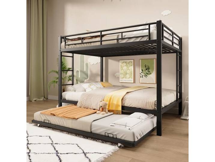 FAVSH Etagenbett 140x200/90x190 cm, Hochbett mit ausziehbarem Bett, stabilem Metallrahmen und zusätzlichem Schlafplatz, Kinder- und Jugendbett, Schwarz, ohne Matratze