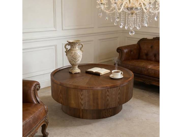 RZTPYS Moderner runder Couchtisch mit Stauraum, Light Brown d78cm Holzerner Rillen-Couchtisch Trommelform mit stabiler Basis, säulenfußiger runder Salontisch für Wohnzimmer, Wohnung und Büro
