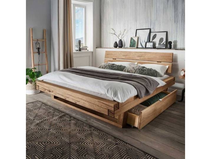 HOMELIV. Balkenbett Romeno Komfort Wildeiche Massivholz mit Schubkasten