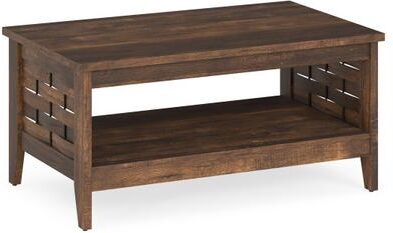 Costway 2-Tier Farmhouse Coffee Table with Open Shelf and Woven Decorations for Living Room-Rustic Brown