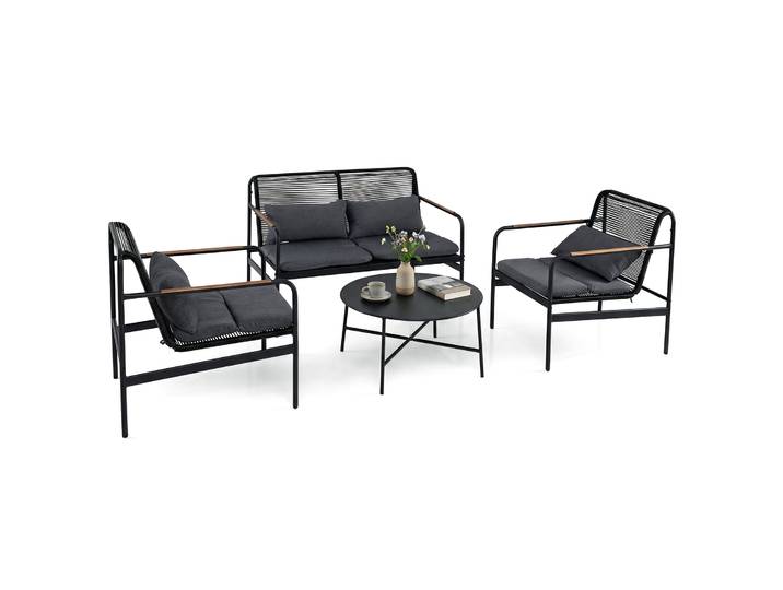 Salon De Jardin 4 Pièces\, Loveseat & 2 Fauteuils Avec Table Basse\, Structure Métallique\, Coussins\, Canapé De Conversation Extérieur En Rotin Pe