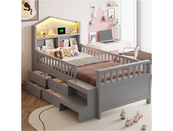 lit enfant 90 x 200 cm SENVIRO cabane avec rangement LED gris