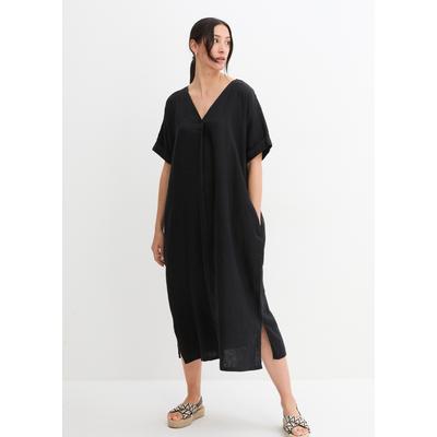 Tunikakleid BONPRIX "Kaftan-Kleid aus reinem Leinen", Damen, Gr. 52, N-Gr, Halbarm, schwarz, Obermaterial: 100% Leinen, oversize, Kleider, für eleganten Look, aus Leinen, Oversize-Passform, mit Halbarm