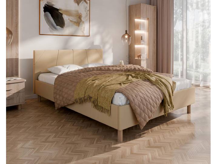 ALMORE Polsterbett – minimalistisches Design, Holzbett auf Füßen Federkernmatratze
