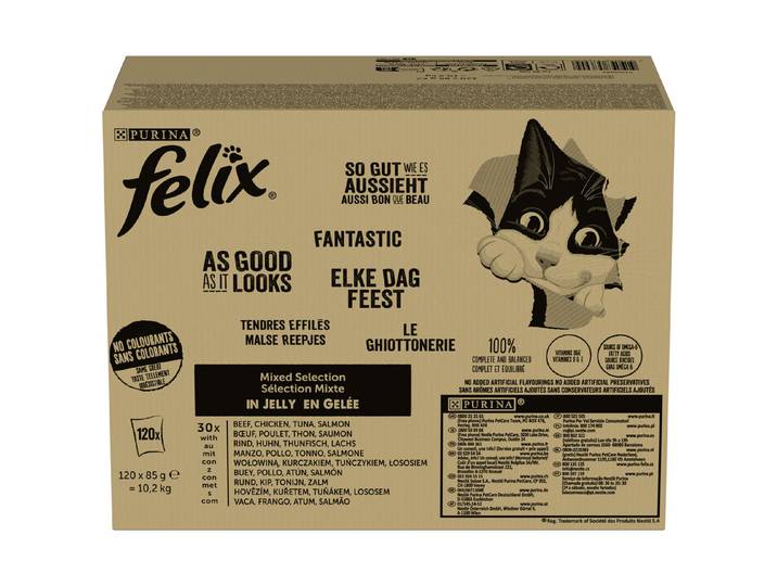 Felix So gut wie es aussieht mit Lachs in Gelee, Thunfisch in Gelee, Rind in Gelee, Huhn in Gelee, Katzennassfutter fr ausgewachsene Katzen, 85 g Portionsbeutel