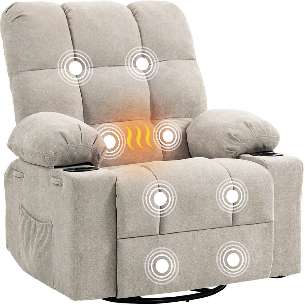 Ebern Designs 89 CM Oversized Tuffed Heated Massage Swivel Rocker Recliner with Cup Holders Beige 101cm H X 89cm W X 75cm D