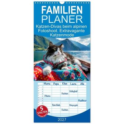 Familienplaner 2027 - Katzen-Divas beim alpinen Fotoshoot. Extravagante Katzenmode mit 5 Spalten (Wandkalender, 21 x 45 cm) CALVENDO