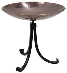 "Achla Designs 14""W Round Burnt Copper Stainless Steel Birdbath w/ Black Wrought Iron Tripod Stand"
