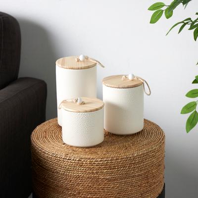 ARCILLA ELEMENTAL Cream or Blue Ceramic Canisters with Brown Wood Lids and Beaded Accents (Set of 3)