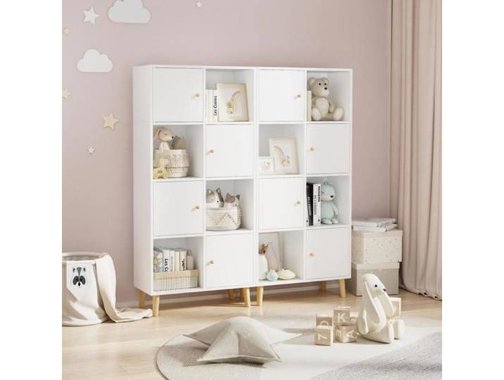 MENGDA-Bibliothèque 4 Niveaux-Étagère de Bureau avec Portes-Meuble de Rangement-Bibliothèque avec 8 Cubes-Blanc-64.5x30x138cm