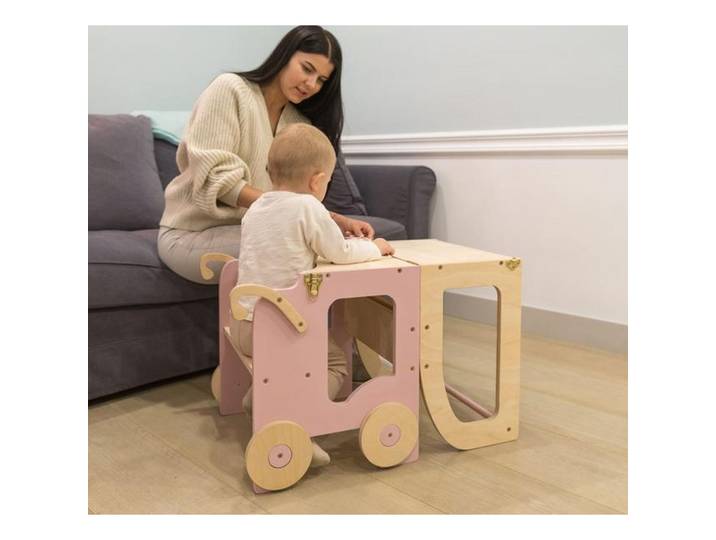 Hochstuhl Trolley aus Holz Naturfarben/Pink