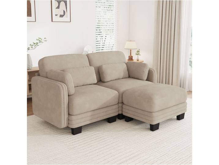 COVREO Canapé d'angle modulable 2 places avec pouf chenille marron clair