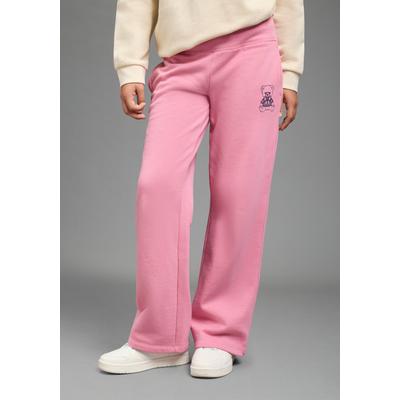 Sweathose KIDSWORLD "Weit geschnittene Sweathose mit kleiner Bär-Stickerei", Mädchen, Gr. 182, N-Gr, pink (altrosa), angeraute Sweatware, Obermaterial: 100% Baumwolle, bequem lang, Hosen Sweathose, Loos-fit Jogginghose mit Stickerei, weite Beinform