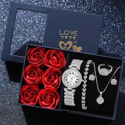Fusion Finds Luxury Women's Watch Set With Roman Numeral Quartz Watch & Fashion Jewelry Gift Set silver