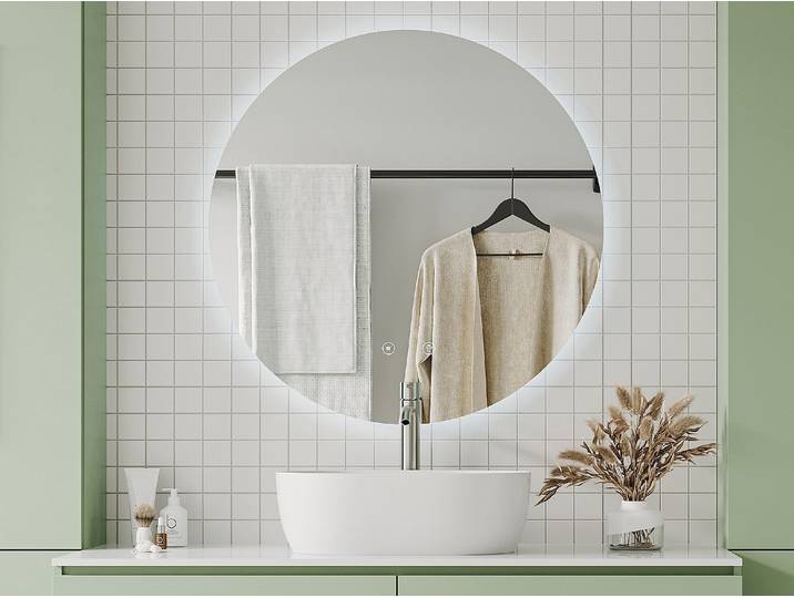 Badezimmerspiegel oval mit LED-Beleuchtung - konturlos - beschlagfrei - D 90 cm - ROMULA