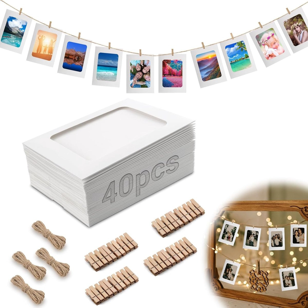 SnelShoppen Foto Garland Set met 40 Witte Kartonnen Fotolijsten 10x15cm, 40 Houten Klemmen en 4 Touwen