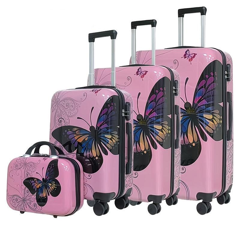 Kofferset - Rosa 4-teiliges Reisekofferset mit Schmetterlingsdesign, aus ABS und Polycarbonat (hartschalig) mit Spinner-Rädern