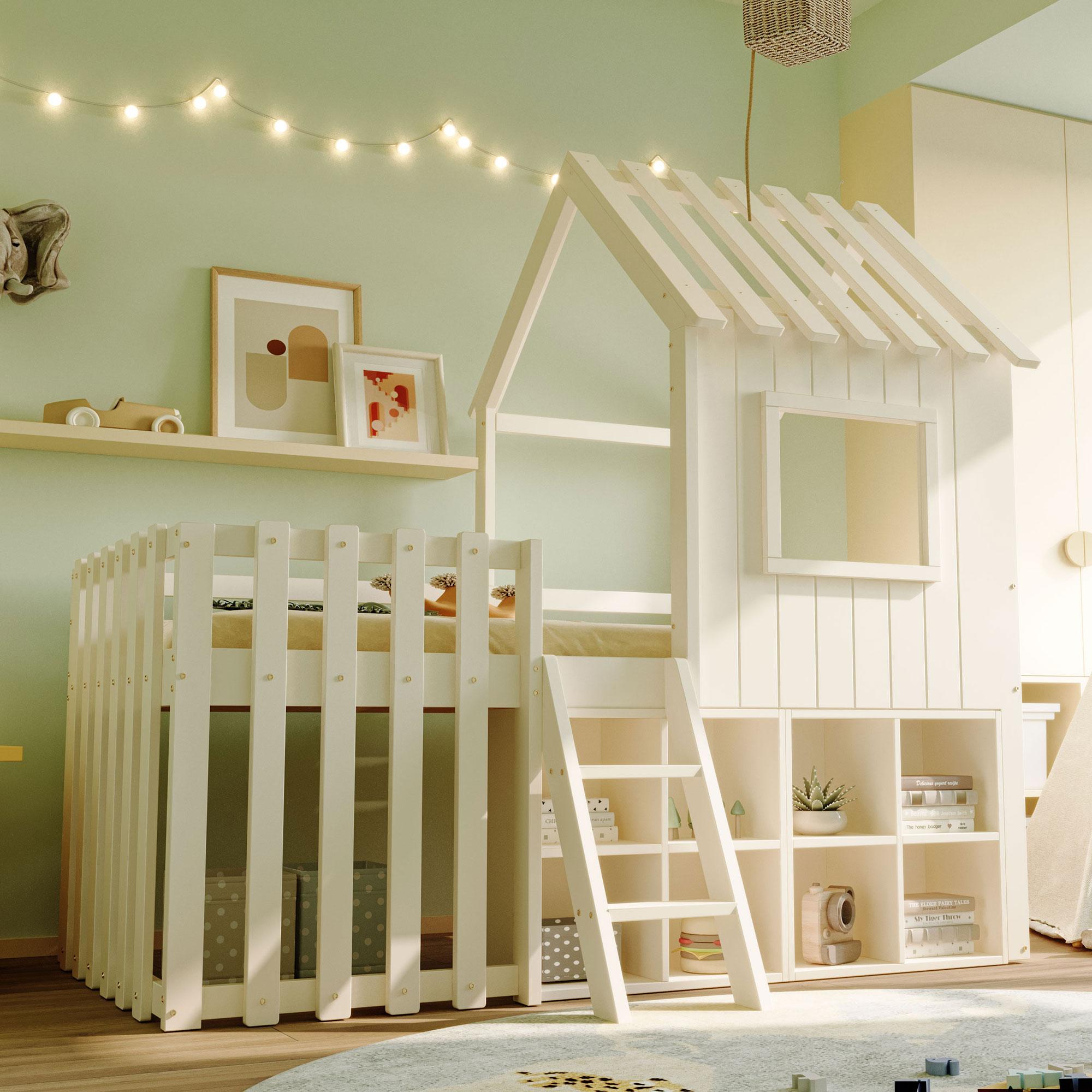Flieks Etagenbett 90x200cm mit Regal, Kinderbett Hausbett mit Rausfallschutz, Hochbett Einzelbett mit Leiter, Stockbett Holzbett, Weiß