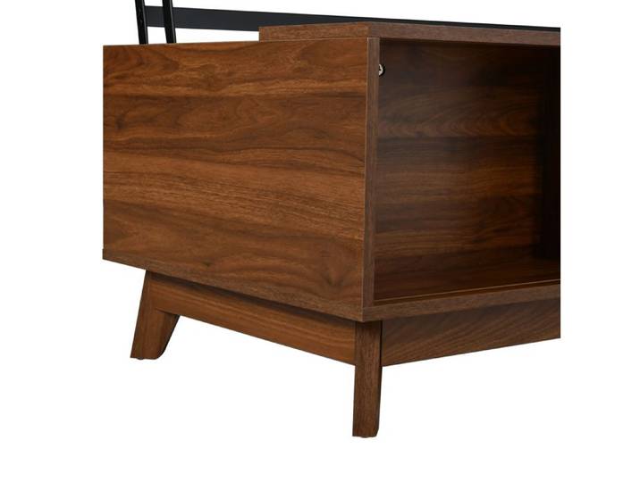Table basse rétro moderne 90 x 55 x 57 5 cm en MDF aspect noyer plateau relevable et porte à jalousie coulissante
