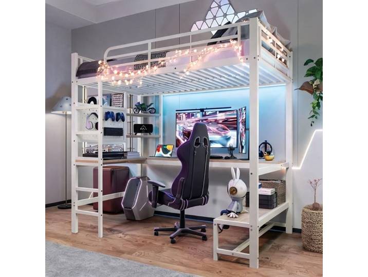 Lit mezzanine ado avec bureau et rangements cadre métal soft white 90x200 cm