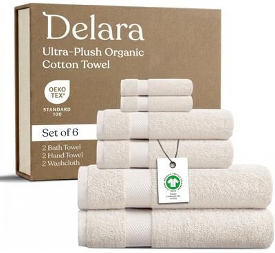 Delara GOTS Certified Organic Cotton Towel Set 6-Piece, Ultra-Plush Spa Towels - 2 Bath, 2 Hand, 2 Washcloths