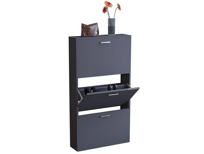 VCM Schuhschrank Anthrazit 59x17x108 cm 3 Türen 3 Fächer Holzwerkstoff Schuhaufbewahrung mit Kippfunktion - Flur oder Diele - kleine und mittlere Flure - Holzwerkstoff - praktische Kippmechanik