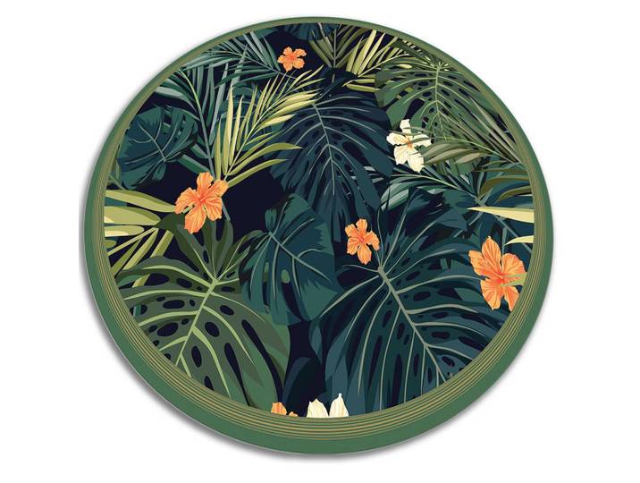 Tulup Vinyl Teppich Ø80 cm Tropische Blätter, Waldgrün, Kunststoff, Rund, 80x80 cm, Teppiche und Böden, Teppiche, Outdoorteppiche