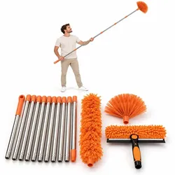 Relaxdays Staubwedel Teleskop Set 3 Aufsätze Orange,Schwarz,Silber