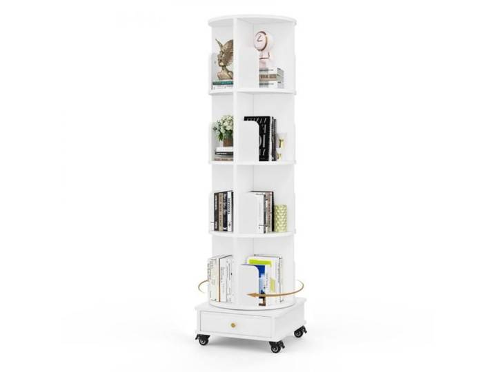 Lvhcmfohm Bibliothèque Rotative Bibliothèque Étagère Rangement avec Roulette Étagère Livre à 4 Niveaux 16 Compartiments Blanc