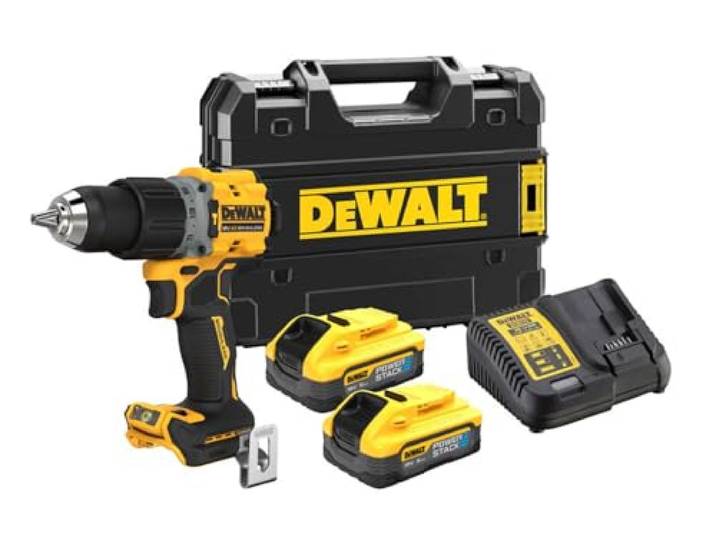 DEWALT Taladro Percutor sin escobillas XR 18V 13 mm 90Nm 2 baterías POWERSTACK Li-Ion 5Ah y maletín TSTAK pour pros et bricoleurs\, travaux précis en atelier\, construction robuste