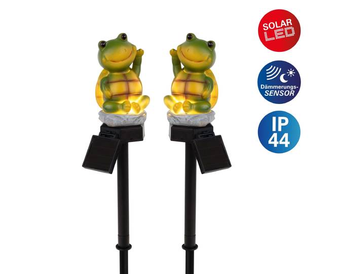 LED Solarleuchte NÄVE Calvino , grün, B:7,3cm H:40cm L:6,7cm, Leuchten, LED Solarleuchte, 2er Set sitzender winkender Frosch, Dämmerungssensor, Schiebeschalter