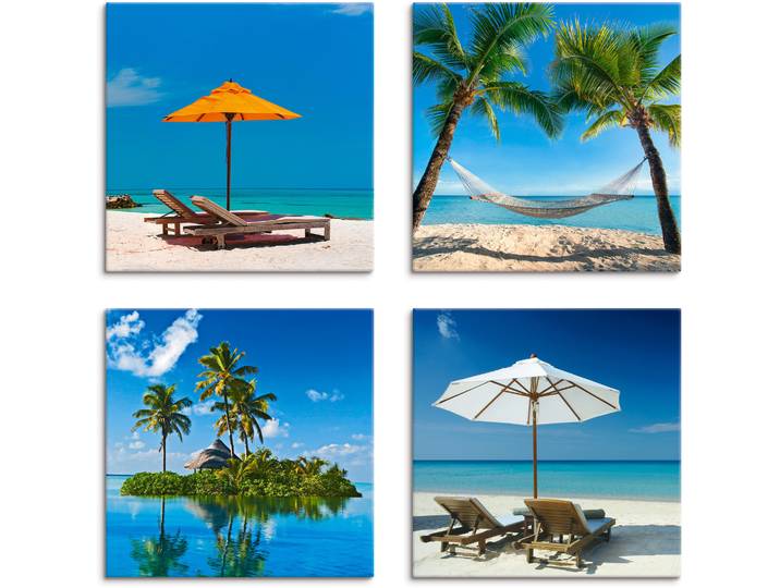 Leinwandbild ARTLAND Tropisches Paradies , blau (farbe bild(er): blau), B:30cm H:30cm, Leinwand, MDF, Bilder, Leinwandbild, 4er Set, verschiedene Grössen