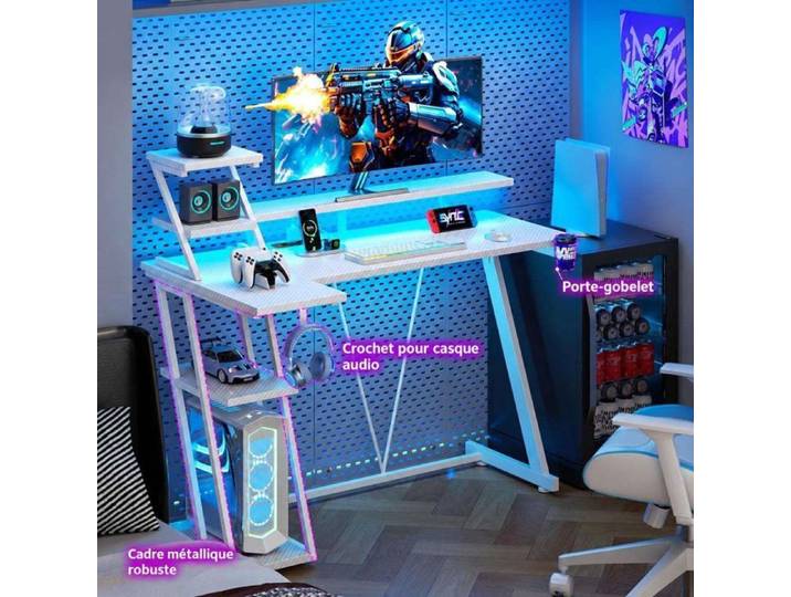 Bureau gamer réversible avec éclairage RGB structure métallique avec prises intégrées pour jeu et travail