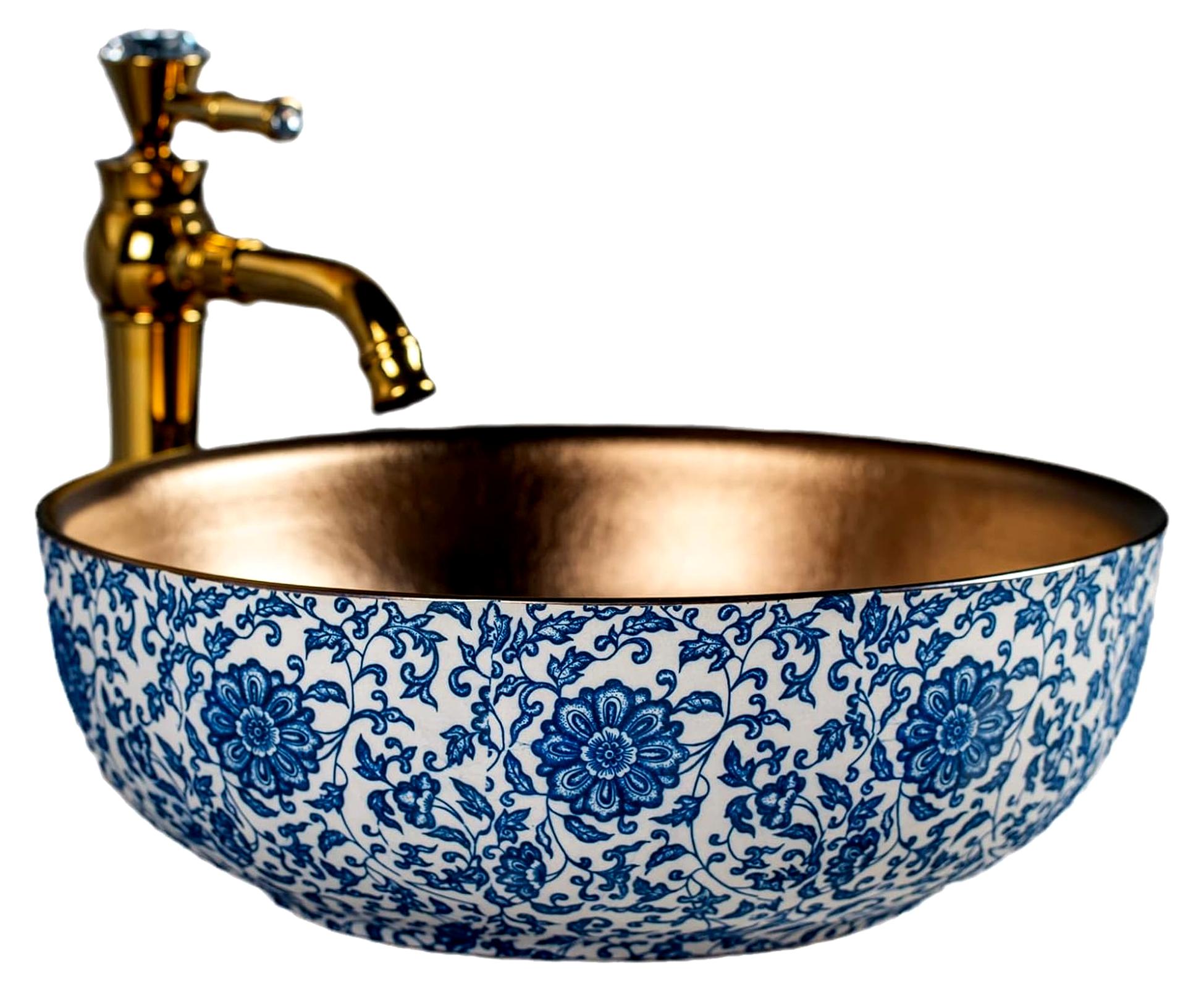 Luxus Waschbecken blau weiß Farbe Kunst Keramik Arbeitsplatte Waschbecken für Bad und Bauernhaus, Eitelkeit Waschplätze Durchmesser: 41cm