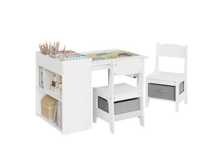 WOLTU Kindersitzgruppe Kindertisch mit 2 Stühlen Spieltisch mit Stauraum für Kinderzimmer Kindergarten, Maltisch mit Stauraum für Kinder, Papierrolle, 2 Aufbewahrungsboxen, Regal，Weiß