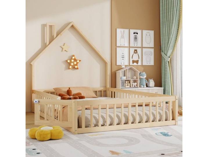 Lit au sol enfant 140x200 Lit Montessori Lit enfant en forme de cheminée Lit double avec sommier Lit cabane enfant Bois Pin