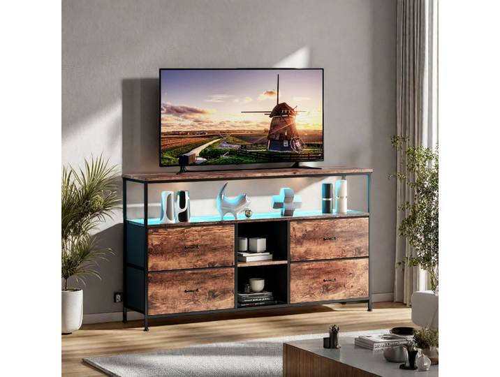 Meuble TV Comanlai 108 cm avec éclairage LED, 4 tiroirs, meuble de rangement moderne pour salon, centre de divertissement