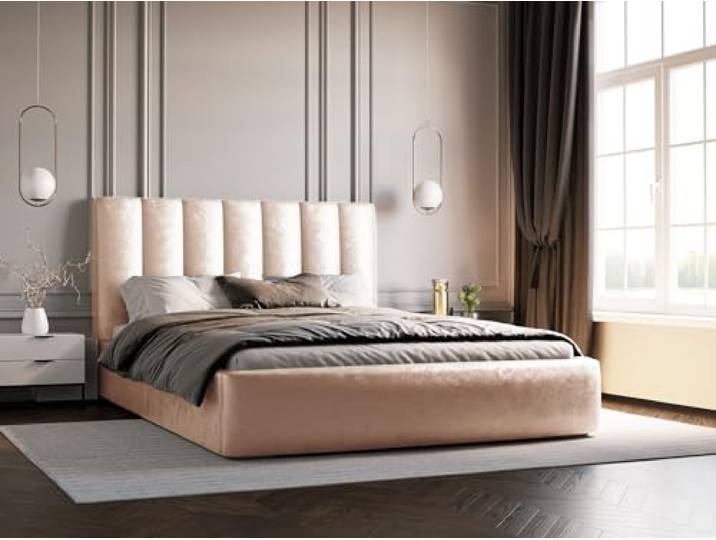 Emporius Polsterbett 160x200 Velor - Design Doppelbett, Schlafzimmer, Bett mit Lattenrost, Samtstoff, Bettkasten, Doppelbett 160x200 (Beige - Ikoo 1)