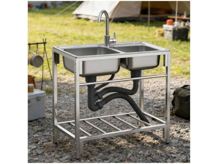 Gewerbliche Küchenspüle mit Ständer Doppelbecken-Waschbecken aus Edelstahl 304, Spülbecken for den Innen- und Außenbereich mit Wasserhahn