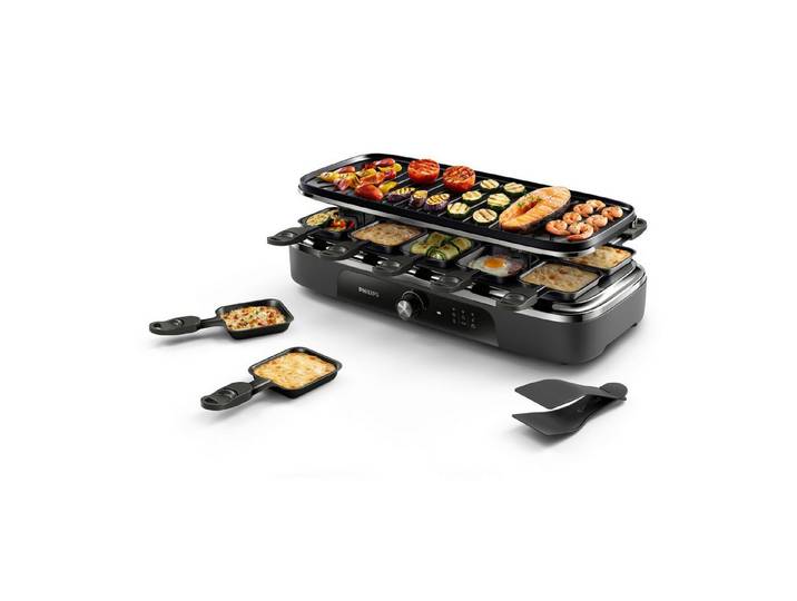 Philips Raclette Grill 2-in-1 HD6421/80 5000 Series, für 10 Personen, 10 Raclettepfännchen, 1500 W, 3 Temperatureinstellungen, wendbare Keramikplatte, PFAS-frei