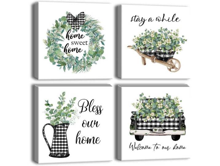 Leinwandbild 4-teiliges Set Sweet Home Motiv Grün 30x30 cm, Mehrfarbig, 30x0.5 cm, Bilder & Rahmen, Bilder, Leinwandbilder