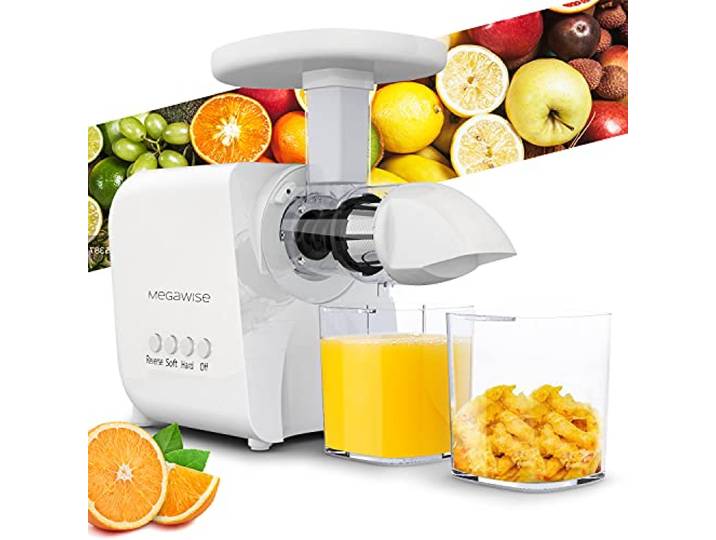 MegaWise Entsafter, 2 Geschwindigkeitsmodi, langsam Masticating Saftpresse, Kaltpresse, Entsafter, einfach zu reinigen mit Bürste und höherer Entsafter mit leisen Motor und Rückwärtsfunktion, Weiß