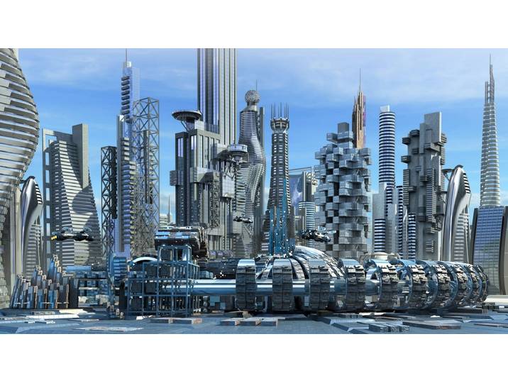 Fototapete PAPERMOON Science-Fiction-Skyline , bunt, B:3,5m L:2,6m, Vlies, Tapeten, Fototapete