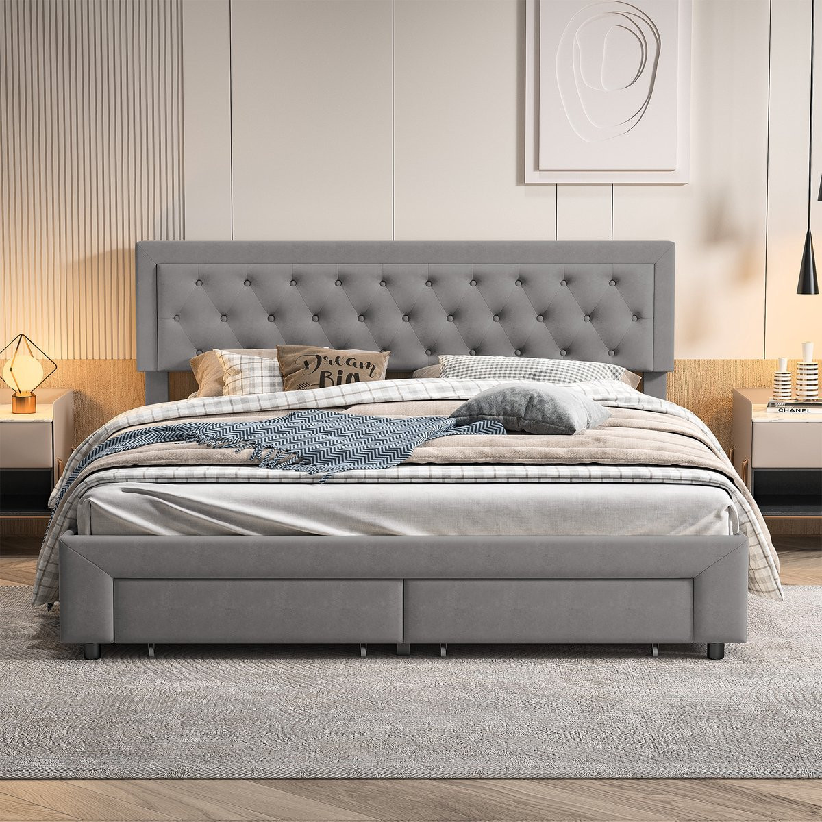 Solvenrik Opbergbed met Lades en Fluwelen Bedframe met Capitonné Hoofdbord - Grijs - B/D: 160 x 200 cm