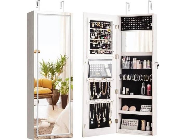 GOPLUS Armoire à Bijoux Murale avec Miroir sans Cadre LED Écran Tactile avec Étagère de Rangement Serrure Miroir Intérieur Blanc