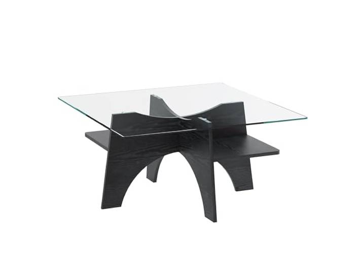 Vexelus Quadratischer Couchtisch 80cm MDF‑Sicherheitsglas, Schwarze Holzoptik, Wohnzimmer