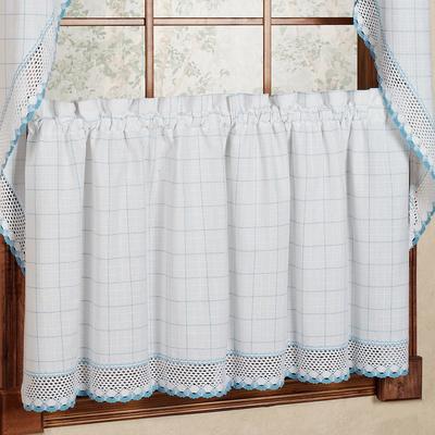 Sweet Home Collection Cotton Classic White Blue Window Pane Pattern and Crotchet Trim Tiers Swags and Valance Options