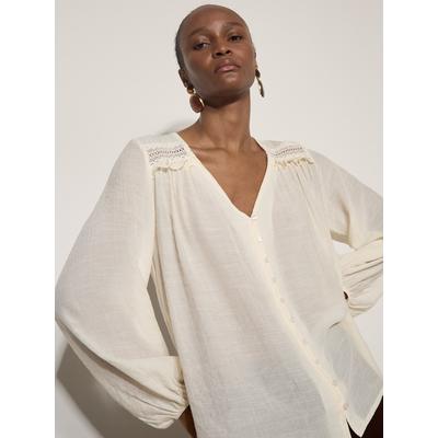 Spitzenbluse APRICOT "Häkelbluse mit Schimmereffekt", Damen, Gr. S (36), grau (stein), gewebt, Obermaterial: 62% Viskose CV. 38% Polyester COOLMAX(R) PES(Coolmax)., uni, Modisch, V-Ausschnitt, Ärmelbündchen, Blusen Spitzenbluse, mit Rüschenbesatz