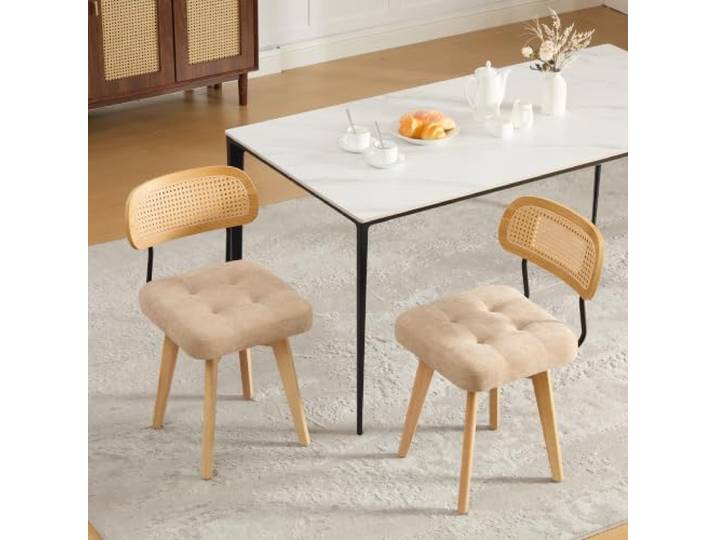 Bellemave Esszimmerstühle 2er Set,360°drehbar,Rattan-Lehne,Chenille,Khaki 150kg Tragfähigkeit, höhenverstellbare Bodenschrauben, ergonomische Form, Mid-Century Stil, belastbarer Metall-Sockel